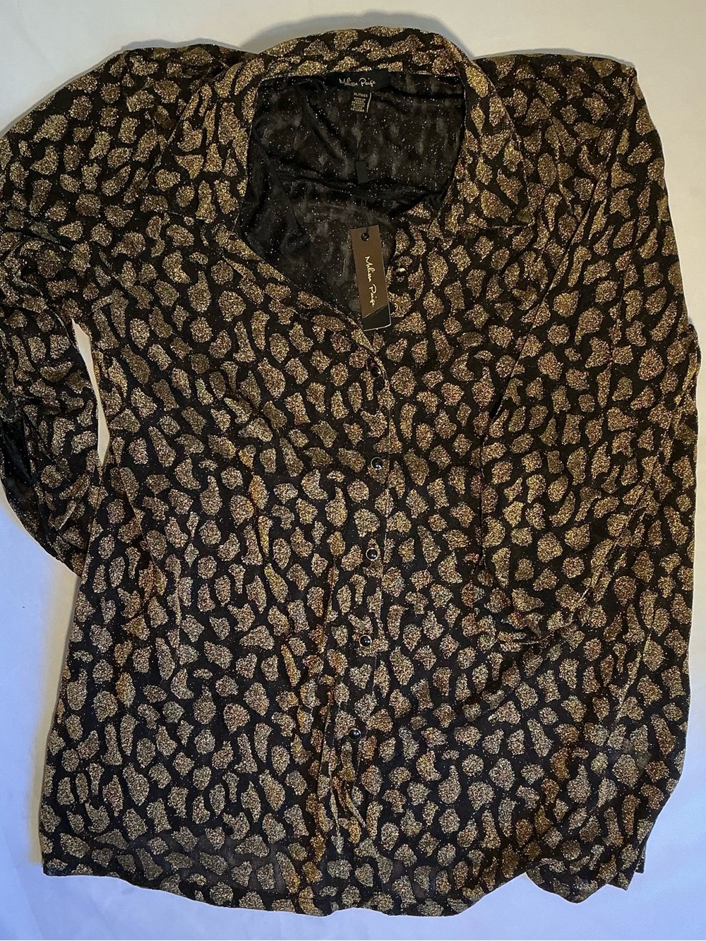 Melissa Paige Black and Gold Animal Print Button-Down Blouse
